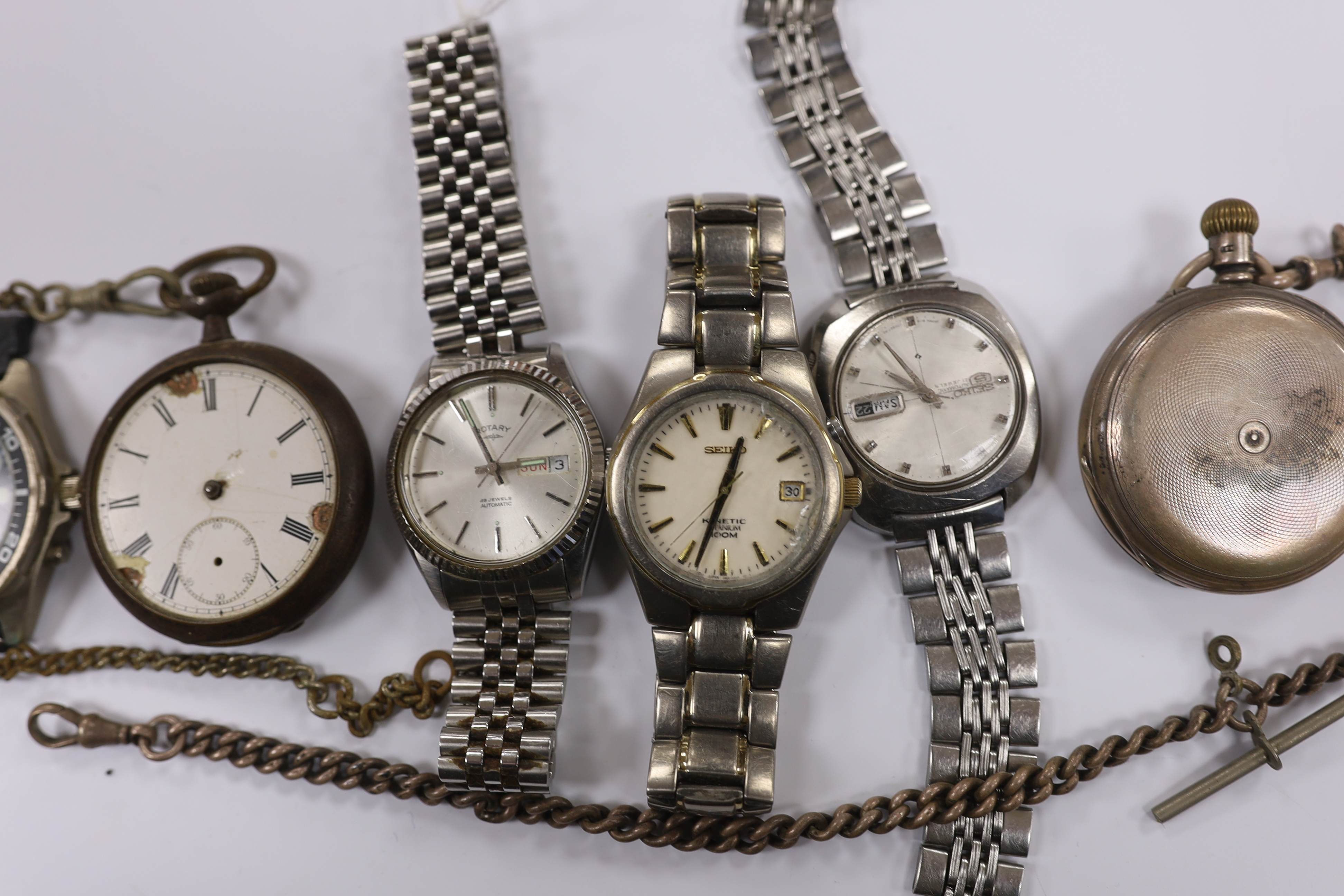 Two gentleman's modern stainless steel Seiko wrist watches, three others including a Rotary and two pocket watches including silver with silver albert.